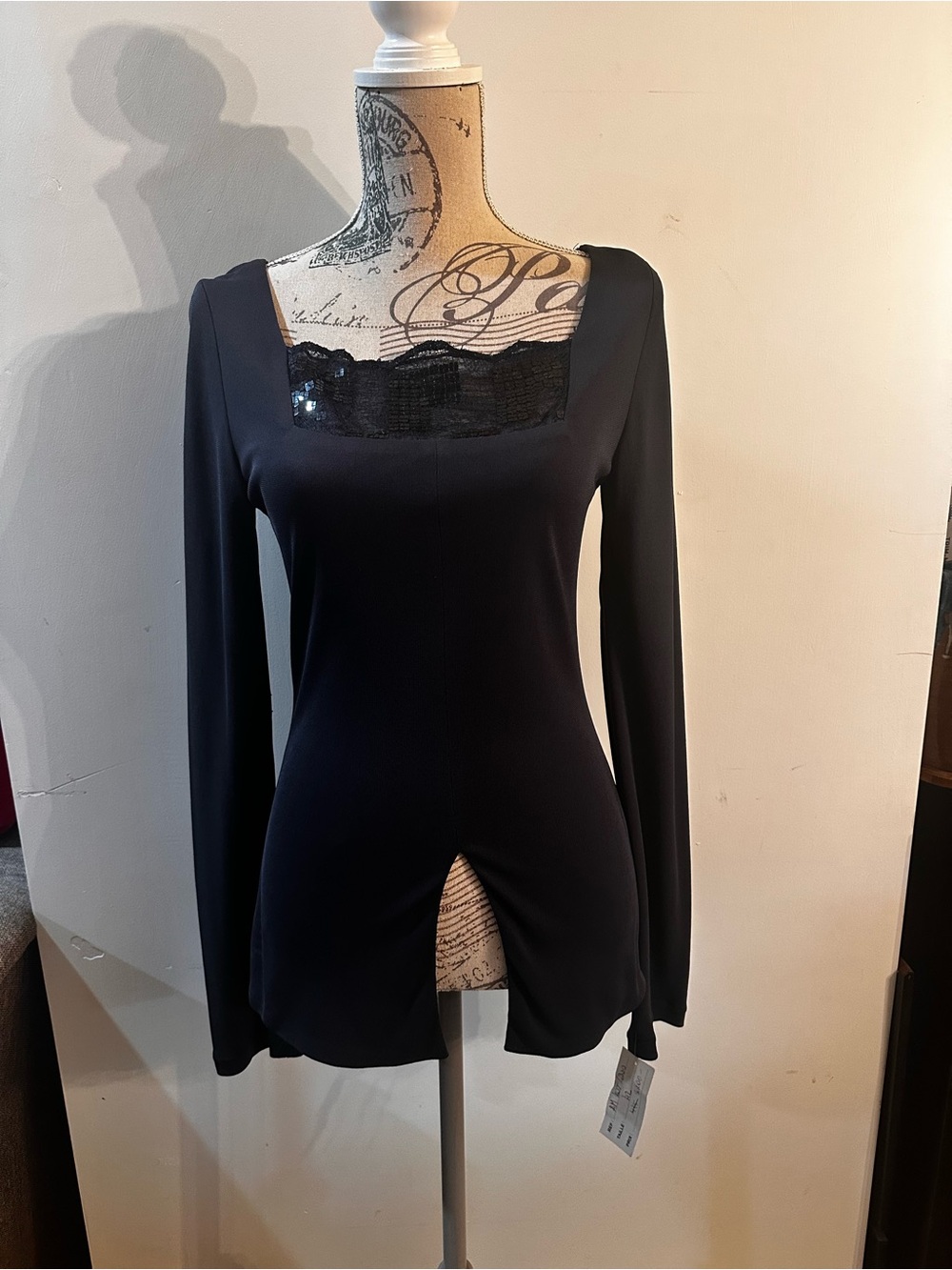 Black Long-Sleeve Square-Neck Top with Sequin Trim